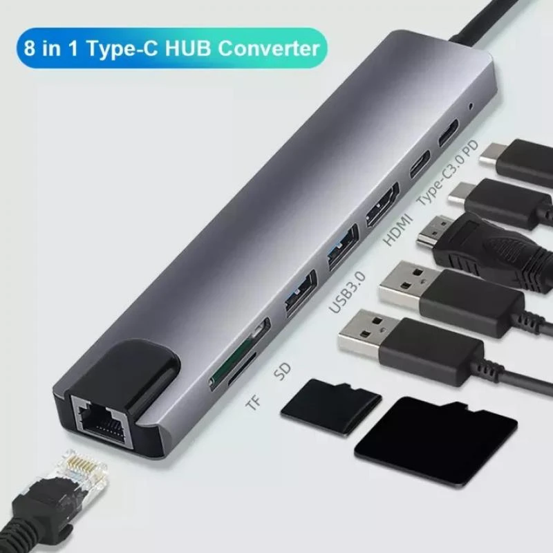 Hab ADAPTADOR USB Type-C 8 EN 1 ( 1 RJ45/2 USB 3.0 /2 TYPE-C 3.1 / 1 HDMI / 2 Leitor memoria )