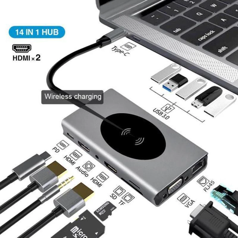 ADAPTADOR USB-C 14X1 (VGA/RJ45/USB3.0/HDMI/Audio3.5mm/MicroSD/USB-C/15W Wireless Charger)