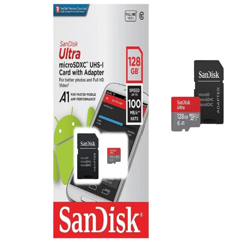 Cartão de Memória Micro SD Sandisk Ultra 100 MB/s C10 128 GB (SDSQUNR-128G-GN3MA)